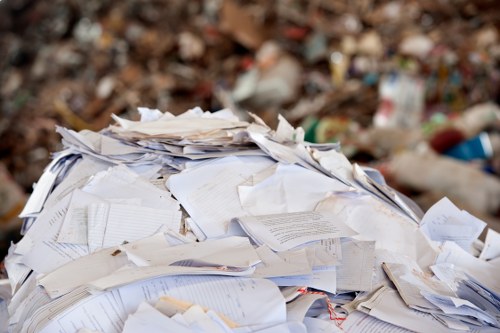 A large pile of assorted paper waste, including crumpled, torn, and folded sheets of white and slightly off-white paper, is situated outdoors on a gravel or dirt surface. Behind the pile, there is a blurred background of fallen leaves and debris, indicating an outdoor environment. The paper items vary in size and thickness, with some sheets overlapping others, creating a cluttered appearance. The lighting appears natural, suggesting daytime conditions. This image visually represents typical rubbish that a commercial waste removal service such as Commercial Waste Removal Brockley may handle, especially in terms of document and paper waste collection from businesses or properties in the Brockley area, which is within the London boroughs. The scene emphasizes the need for professional rubbish removal to manage waste efficiently and maintain cleanliness in urban environments.
